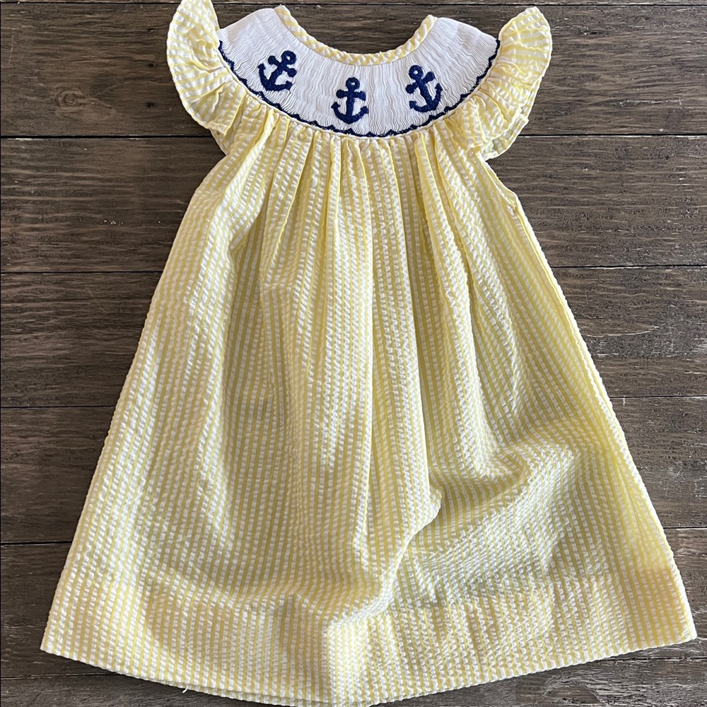 Yellow Seersucker Anchor Smocked Girls Dress
